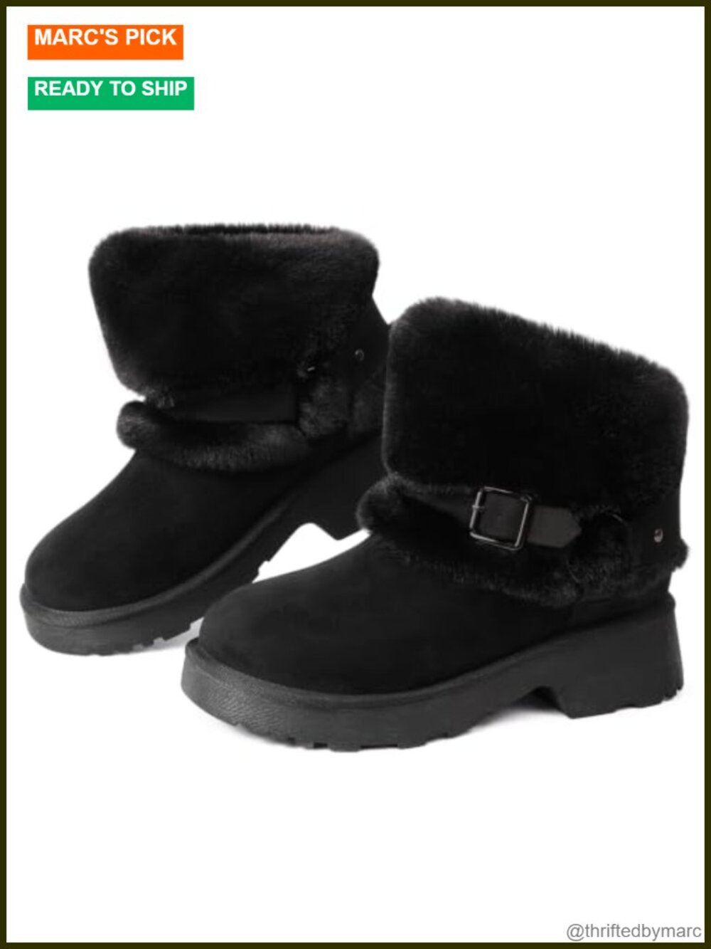 Faux Suede Furry Winter Ankle Boots Block Heel Platform Buckle Slip On